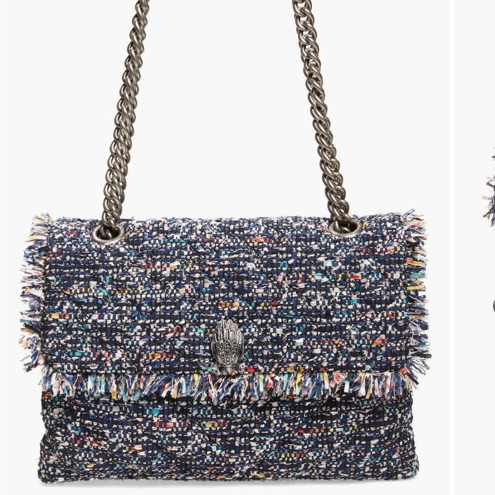 Kurt Geiger Tweed Large Kensington Bag Black Blue Shoulder Flap Closure NEW